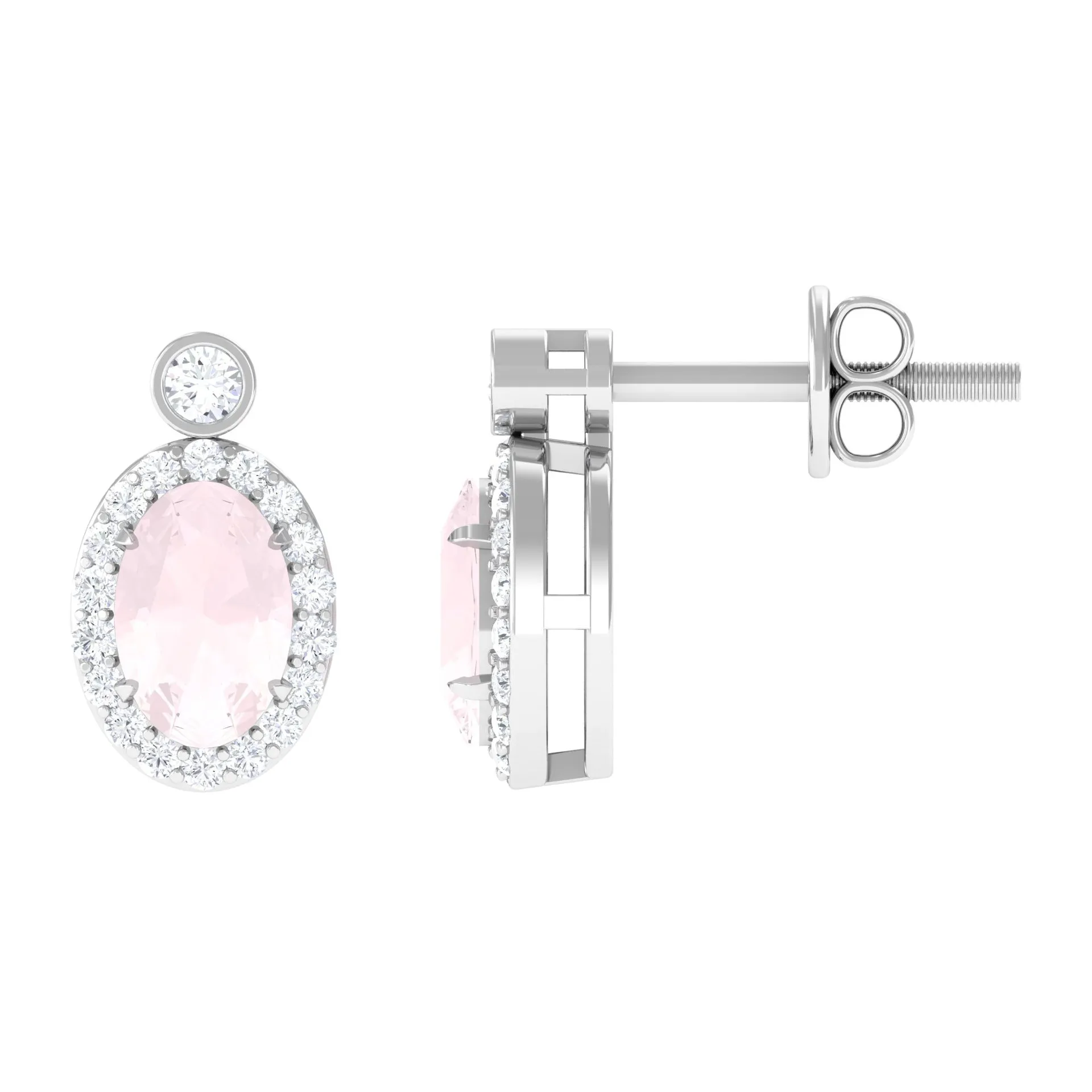 1 CT Oval Rose Quartz and Diamond Halo Stud Earrings