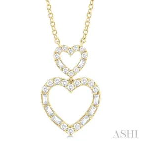 1/3 ctw Twin Heart Fusion Baguette and Round Cut Diamond Necklace in 10K Yellow Gold