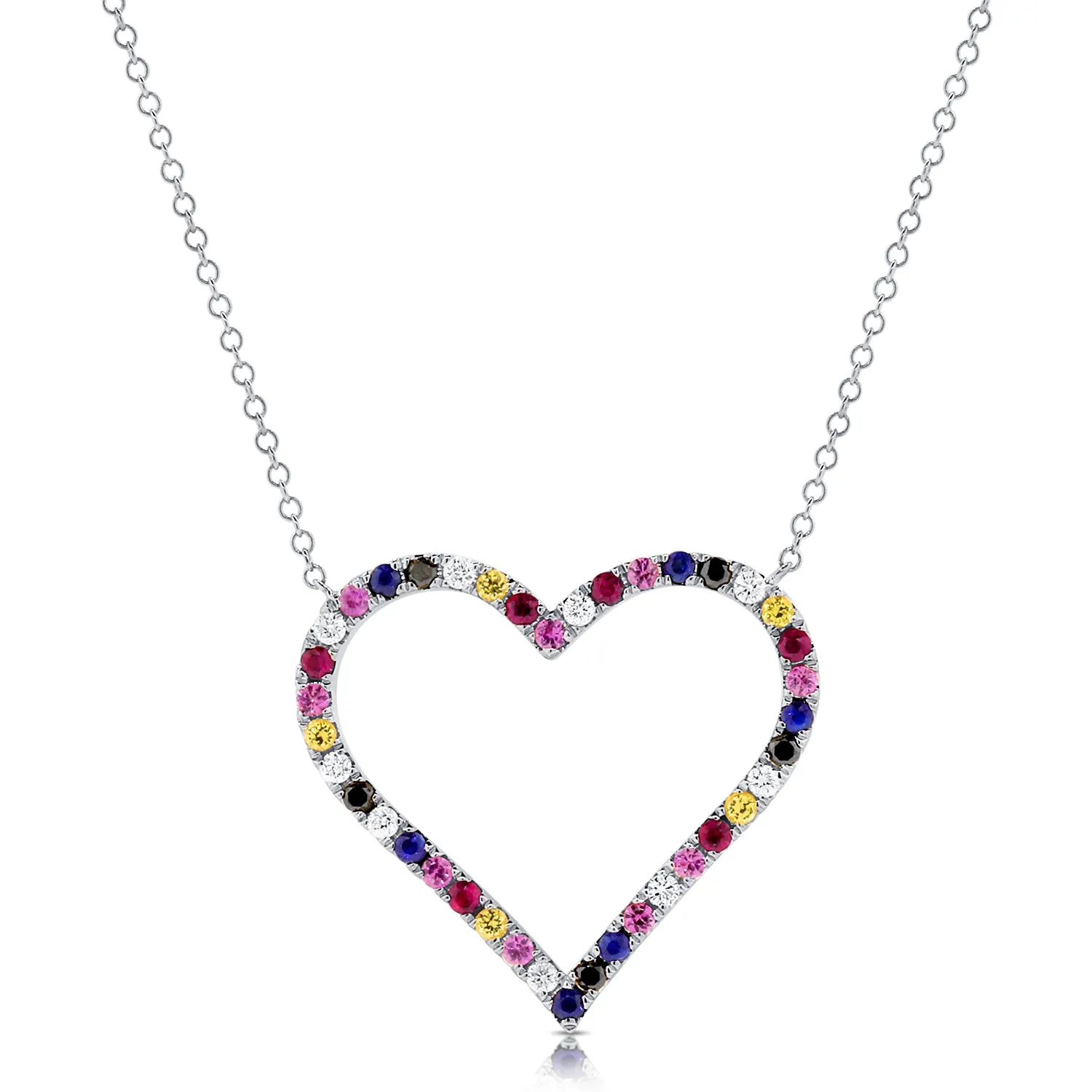 14K Gold & Mix-Color Sapphire Open Heart Necklace - 0.78ct