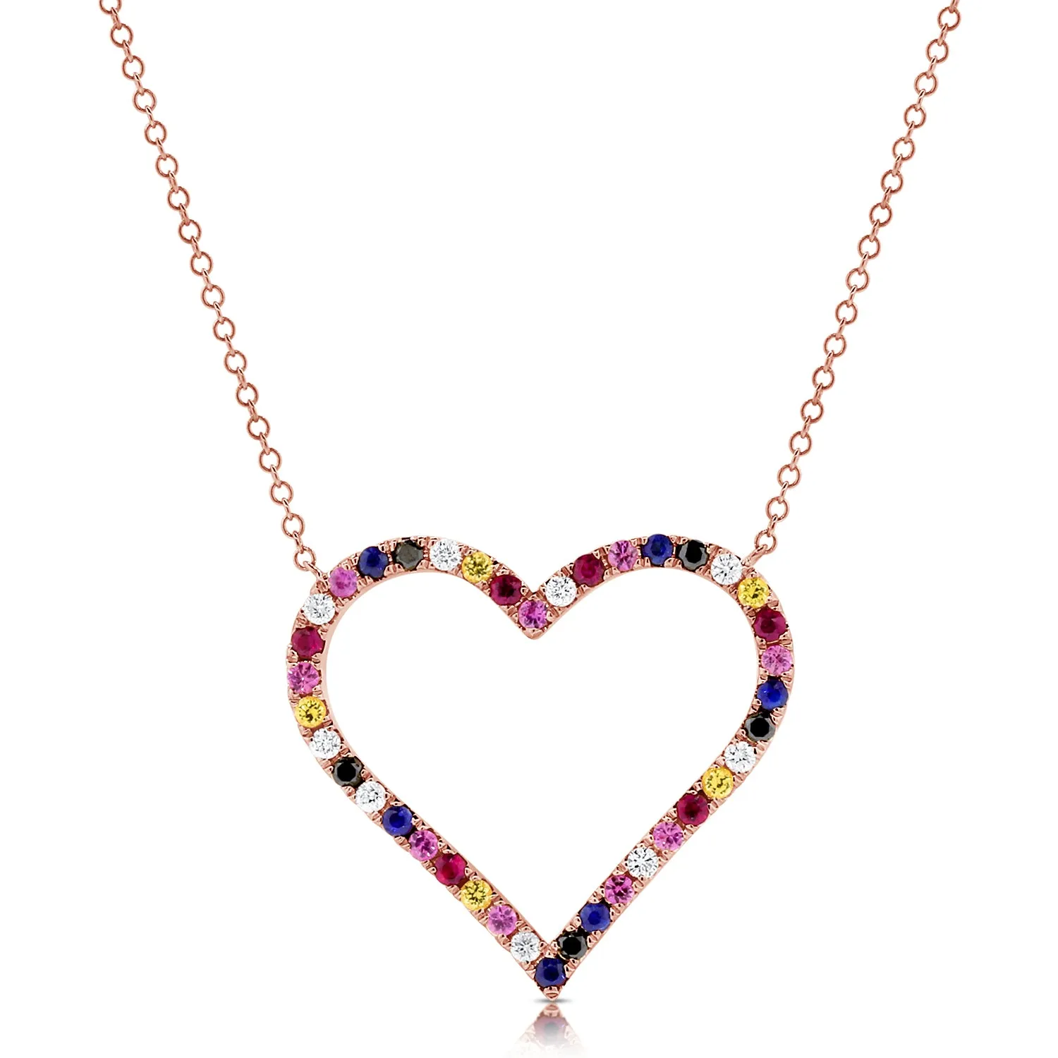 14K Gold & Mix-Color Sapphire Open Heart Necklace - 0.78ct