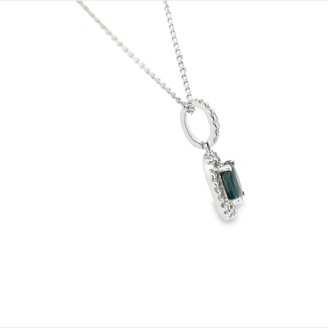 14K White Gold Dainty Blue Sapphire and Halo Diamond Necklace 18"