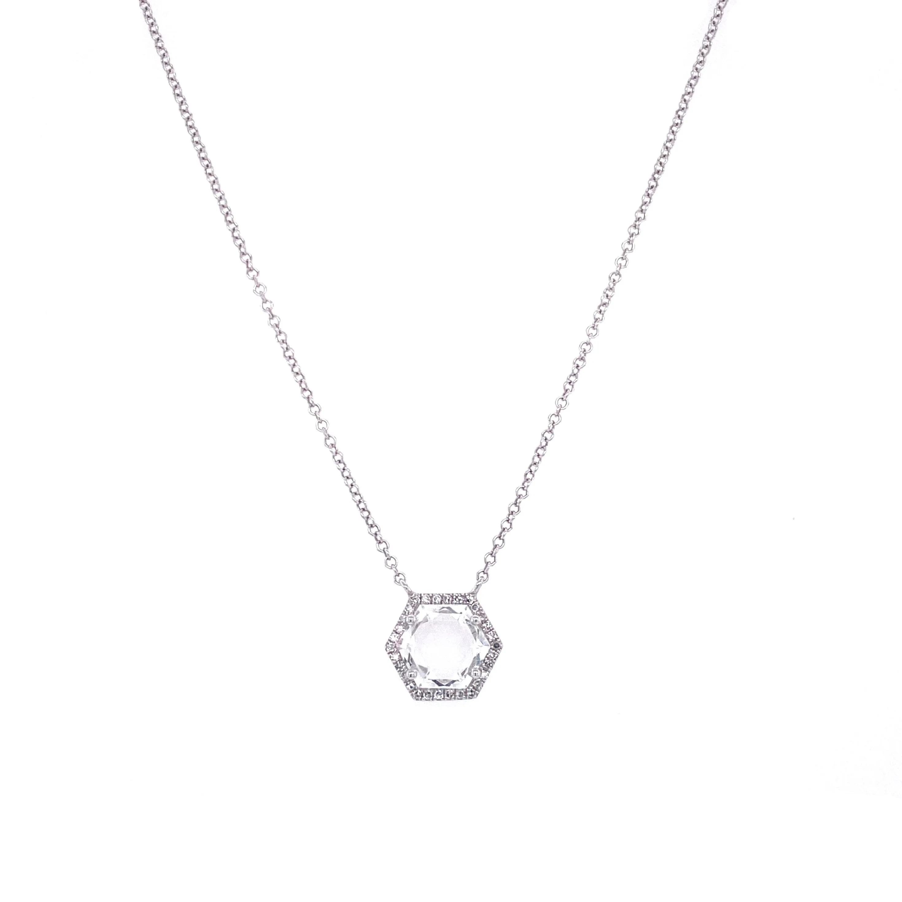 14K White Gold Diamond   White Topaz Small Hexagon Necklace