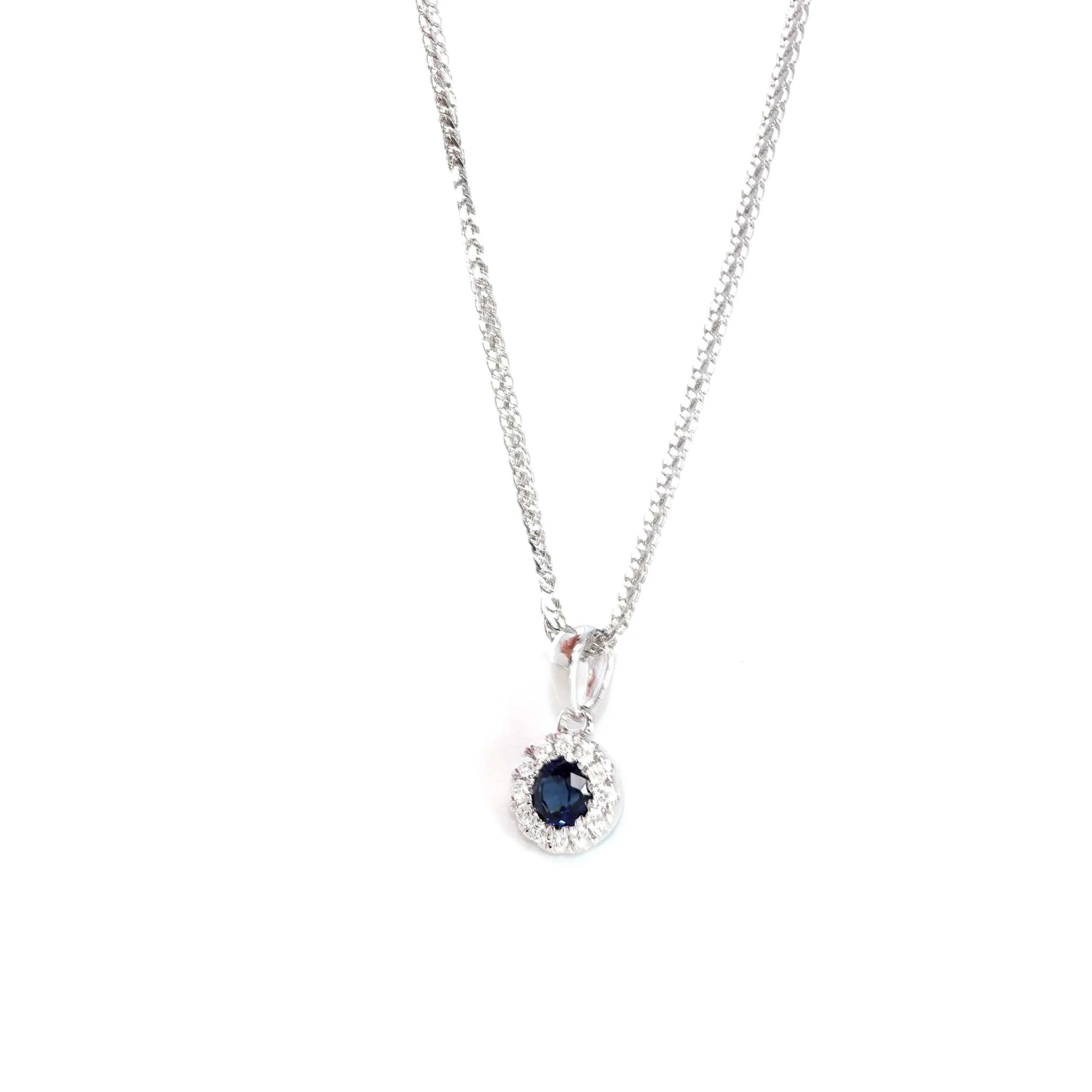 14k White Gold Natural Blue Sapphire Necklace With Diamond