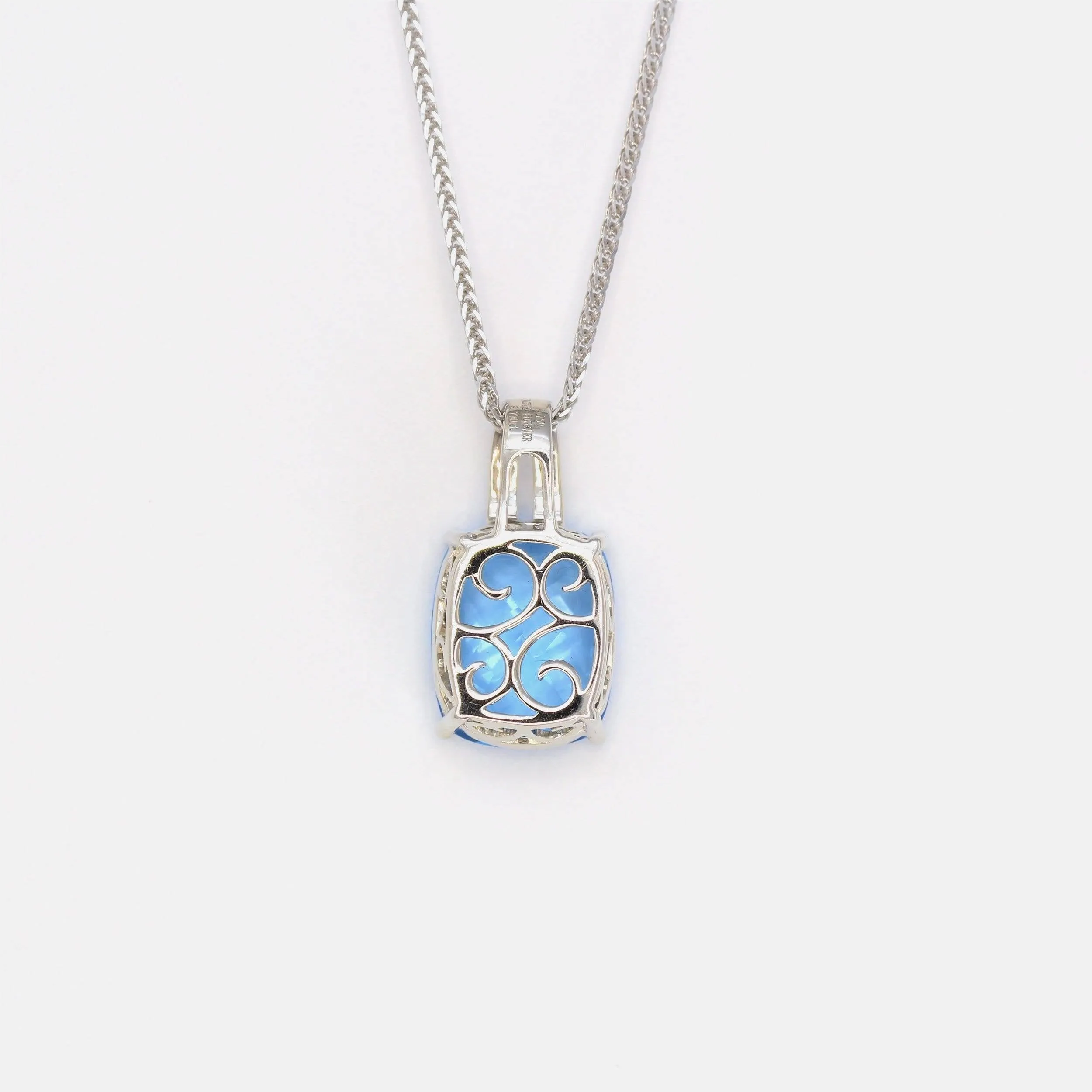 18k White Gold Genuine Cushion Cut Swiss Blue Topaz & Diamonds Pendant Necklace