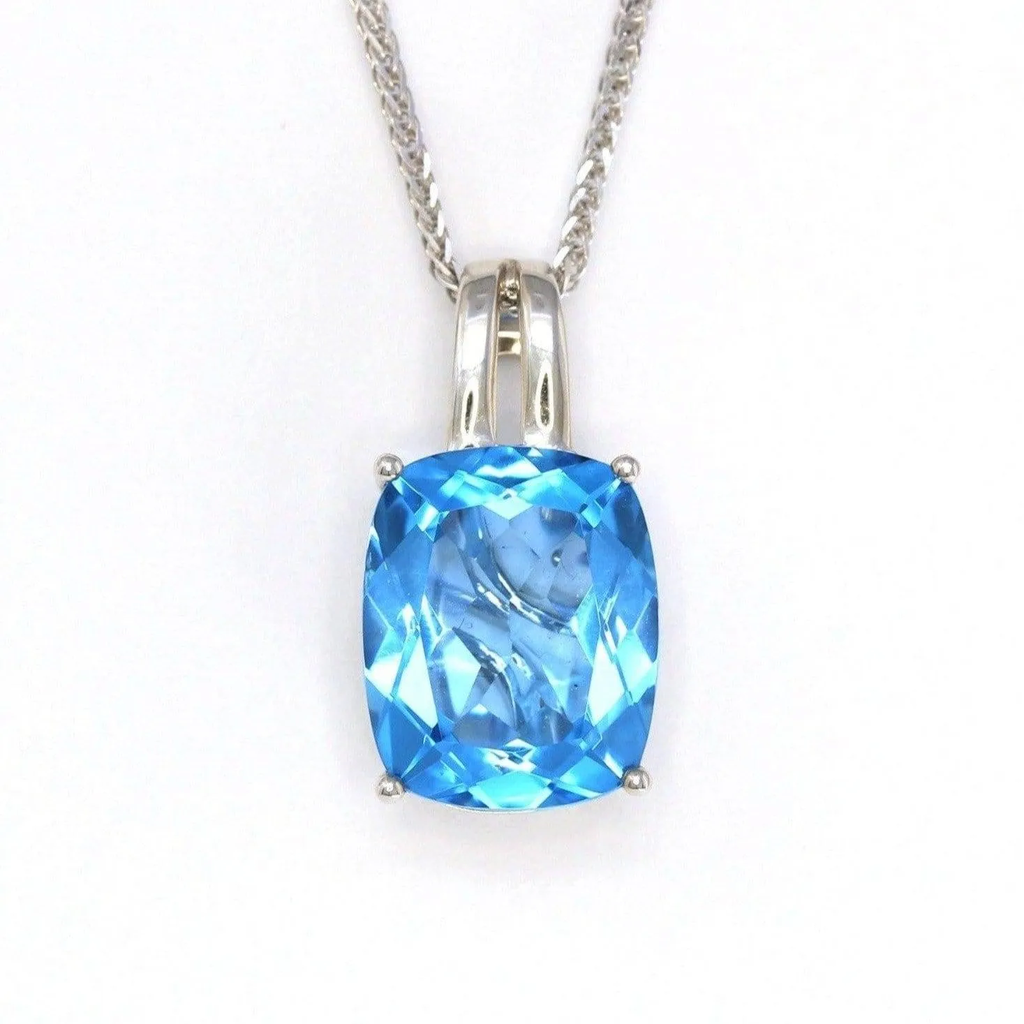18k White Gold Genuine Cushion Cut Swiss Blue Topaz & Diamonds Pendant Necklace