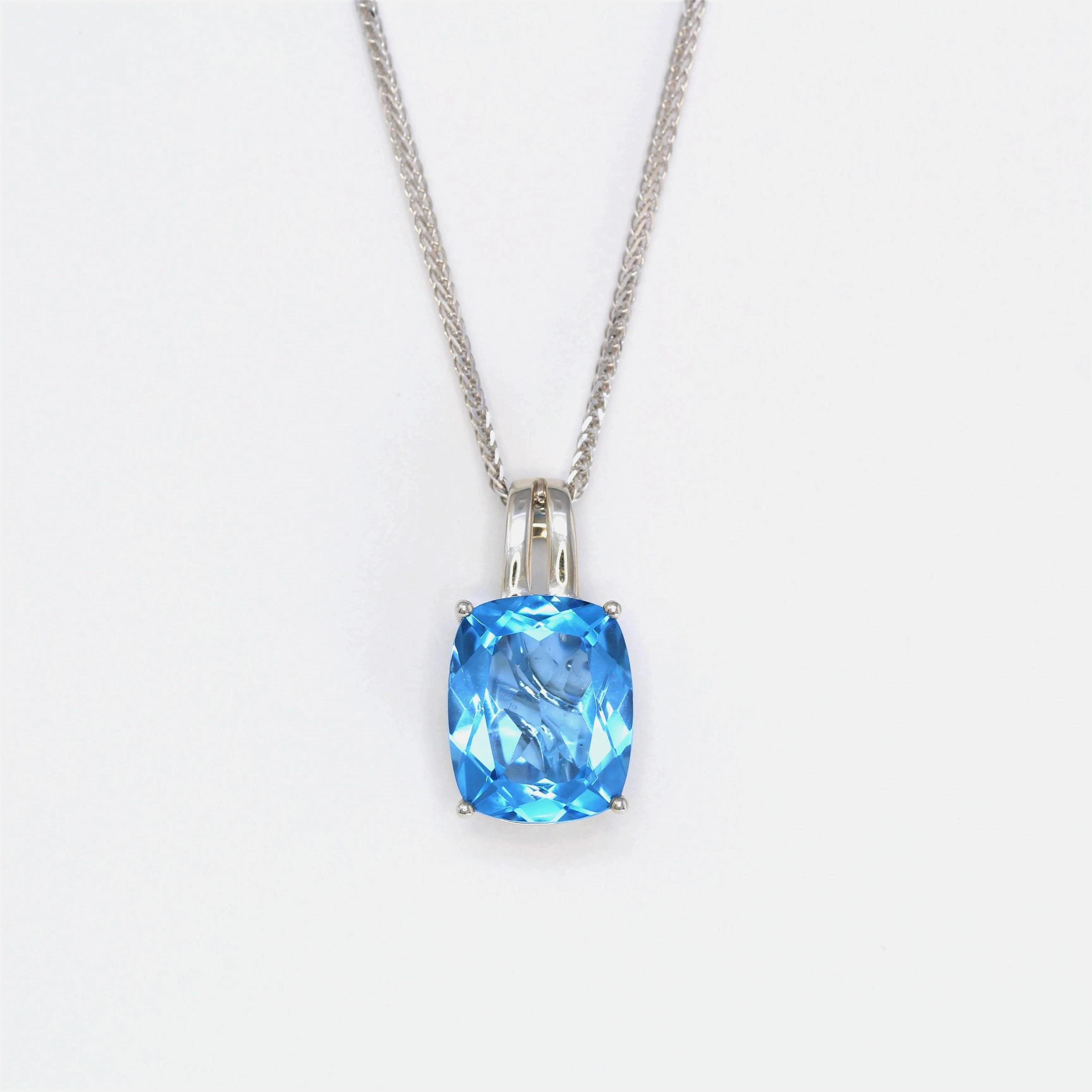 18k White Gold Genuine Cushion Cut Swiss Blue Topaz & Diamonds Pendant Necklace