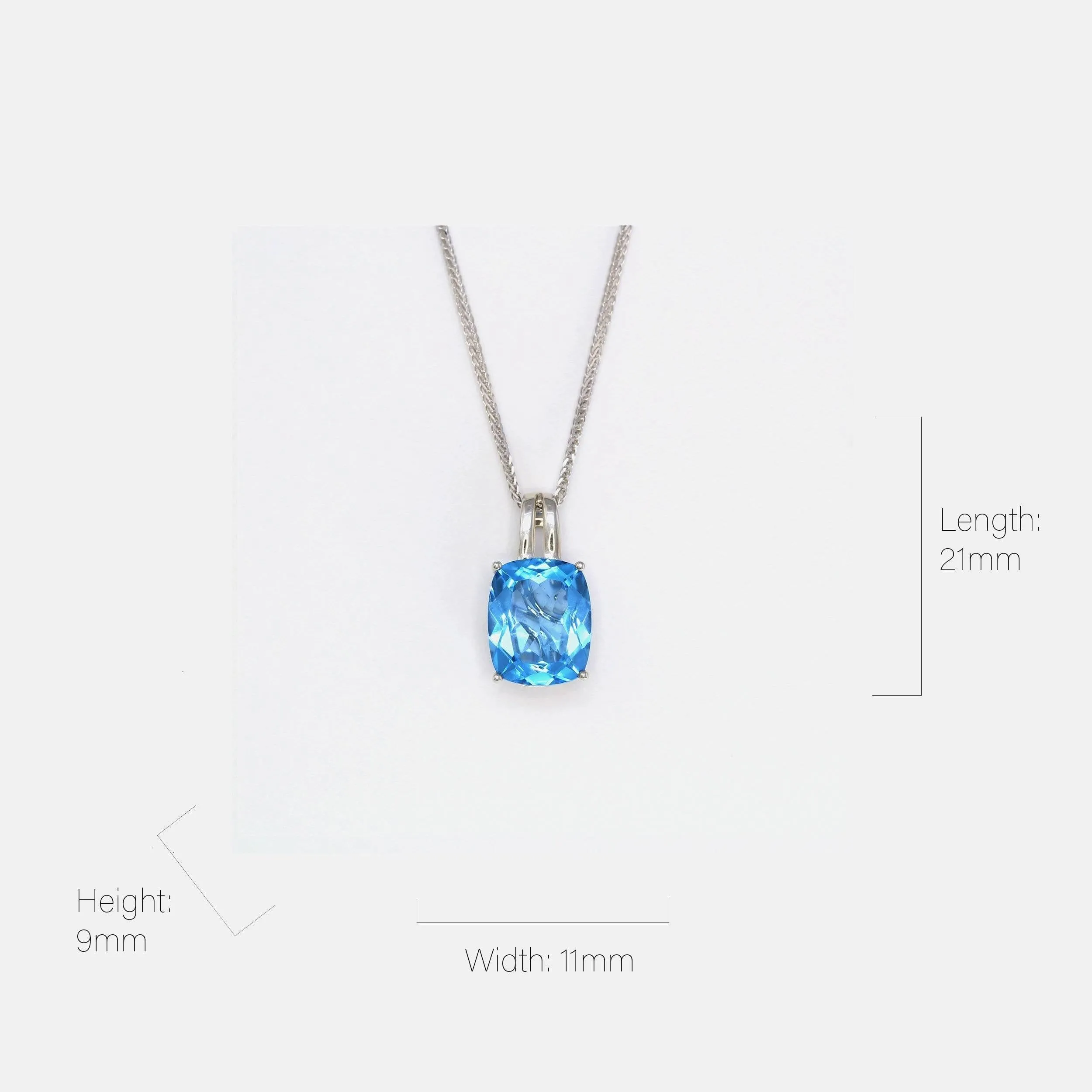 18k White Gold Genuine Cushion Cut Swiss Blue Topaz & Diamonds Pendant Necklace