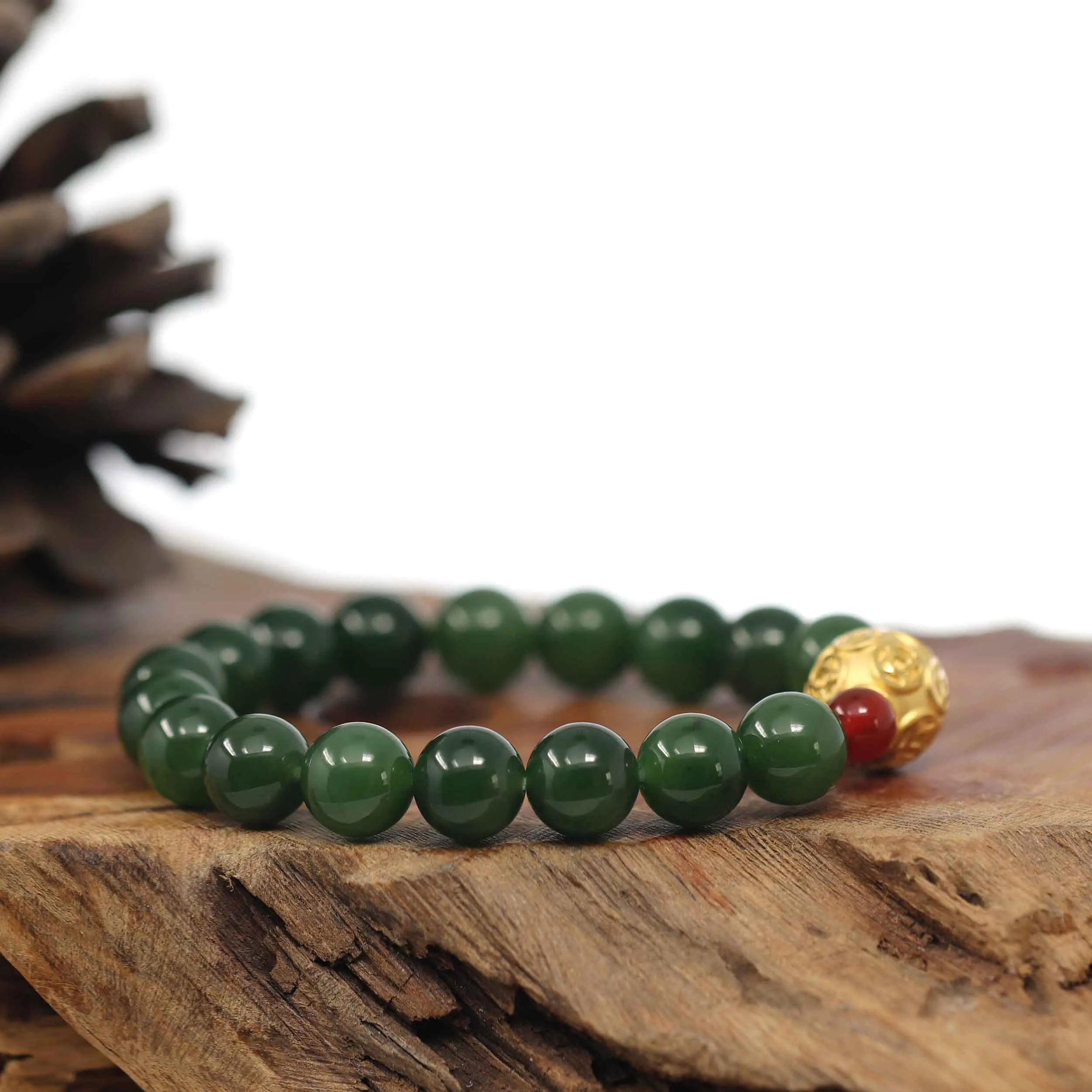 Baikalla Natural Green Nephrite Jade Round Beads Bracelet with 24K Pure Yellow Gold Money Beads ( 9.5 mm )