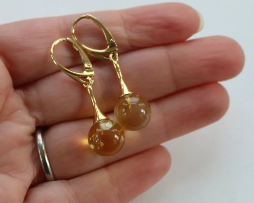 Baltic Amber Earrings Yellow Lemon Gold Plated Dangling Jewelry 11 mm 1.61" 3.9 gram