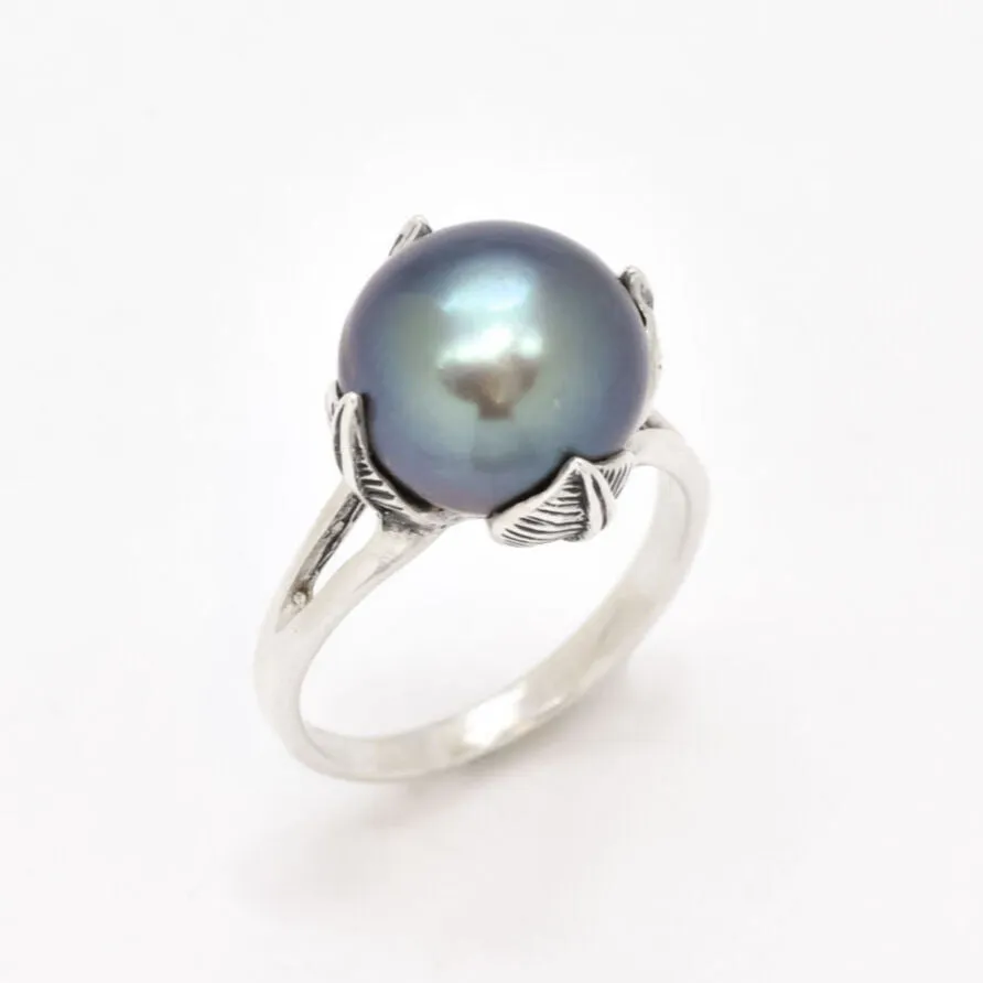 Black Pearl Ring - Pearl Leaf Ring - Genuine Black Pearl Ring