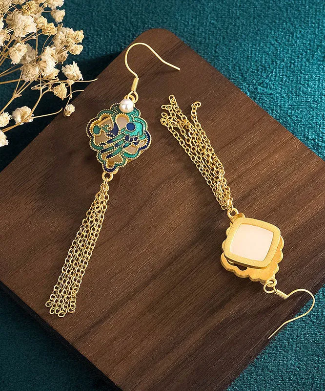 Classy Green Sterling Silver Overgild Inlaid Jade Tassel Drop Earrings LY7850