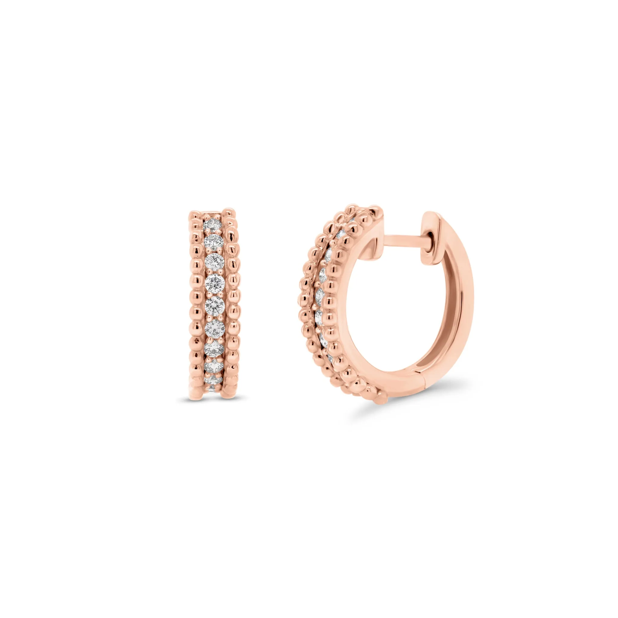 Diamond & Beaded Three-Row Gold Huggie Earrings
