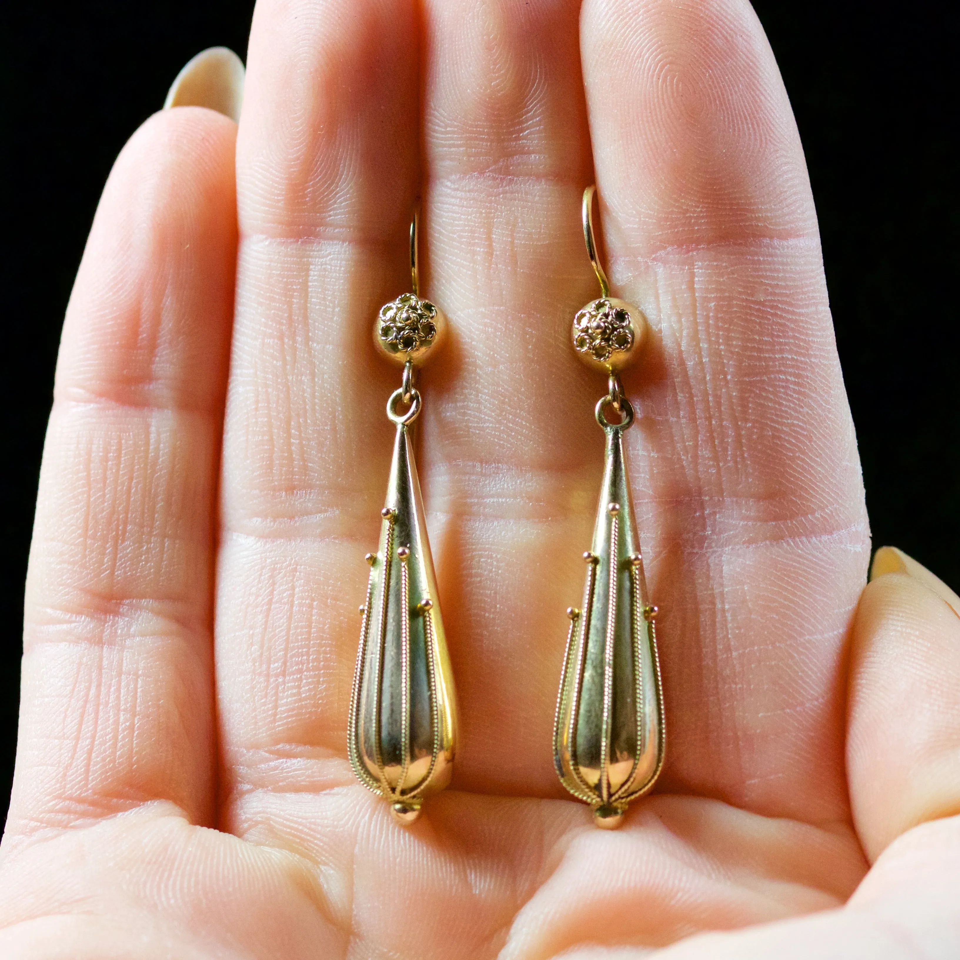 Etruscan Long Drop Earrings 15Ct Yellow Gold