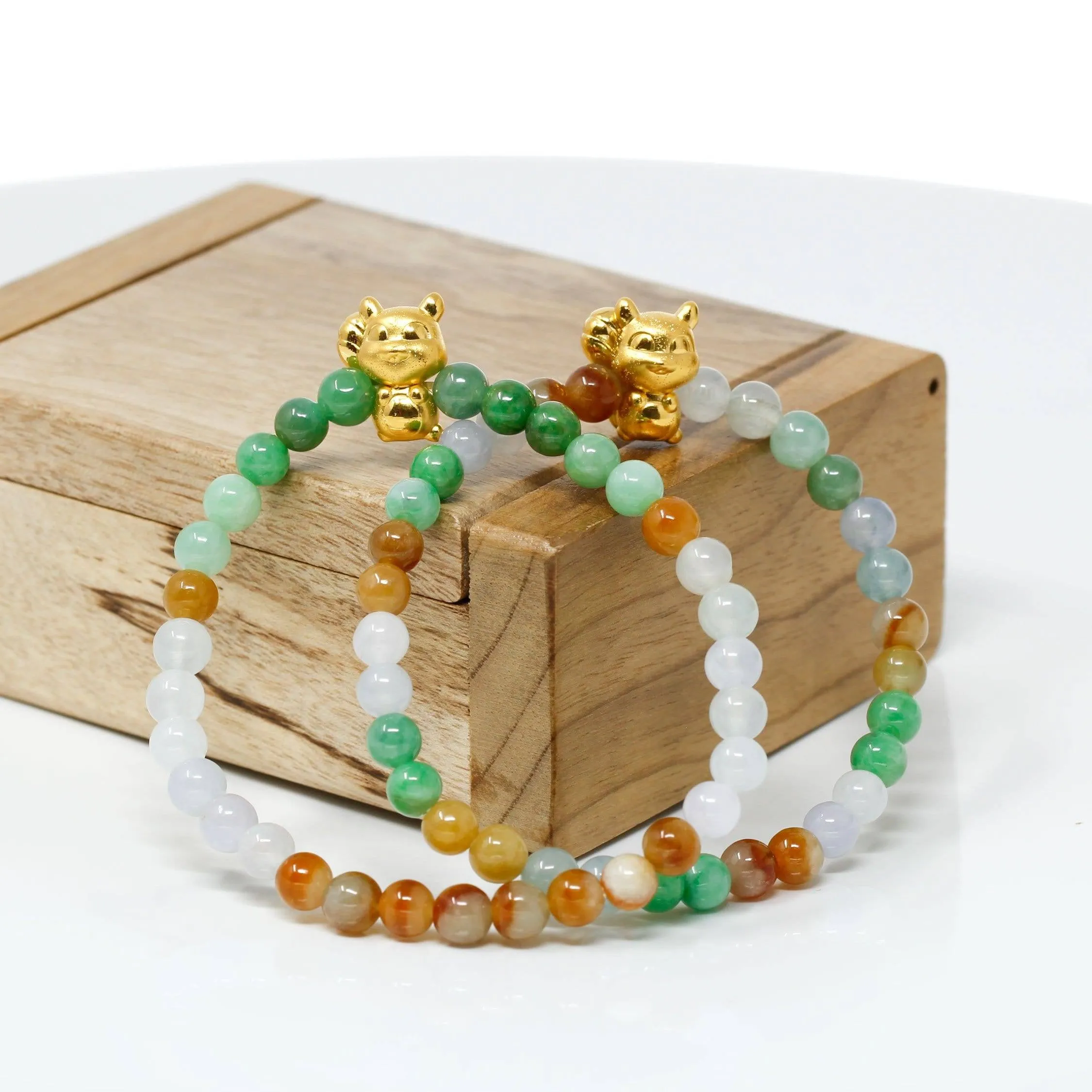 Genuine High-quality Jade Jadeite Colorful Bracelet Bangle with 24k Yellow Gold Fox Charm#406