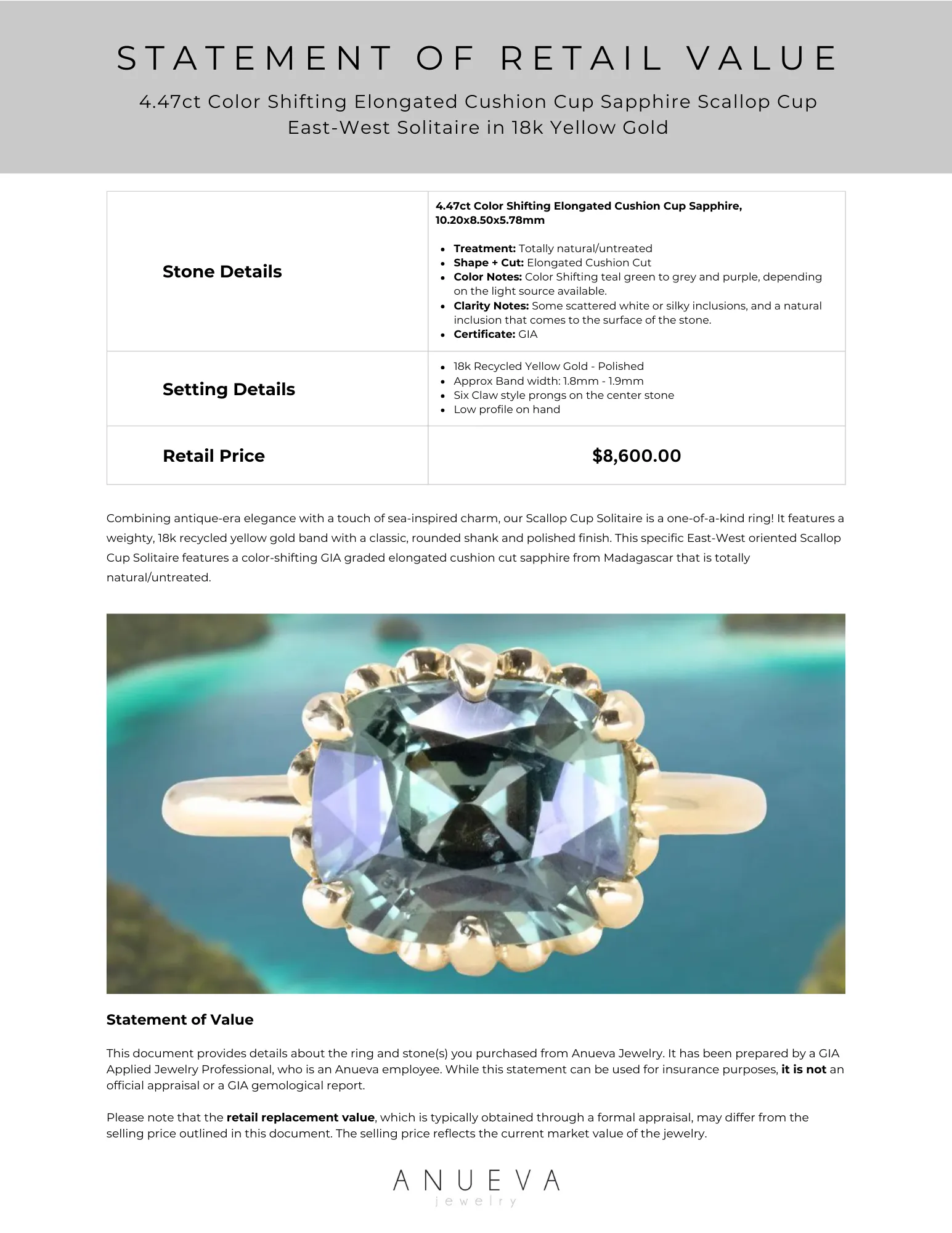 GIA 4.47ct Color Shifting Elongated Cushion Cup Sapphire Scallop Cup East-West Solitaire in 18k Yellow Gold