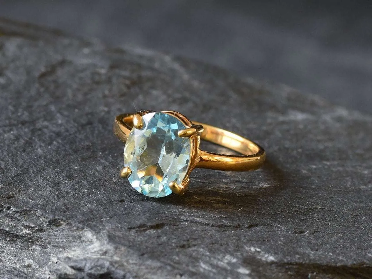Gold Blue Topaz Ring - Natural Blue Topaz Ring, Blue Oval Gold Ring