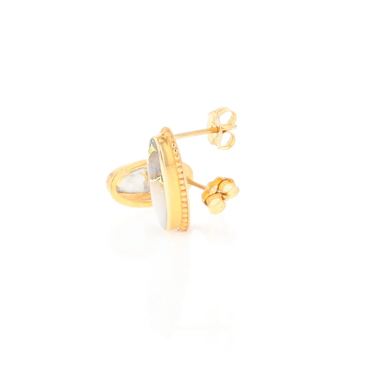 Gold Quartz Earrings Oval Inlaid Milgrain Design