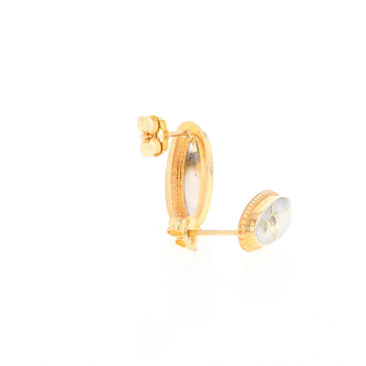 Gold Quartz Earrings Oval Inlaid Milgrain Design