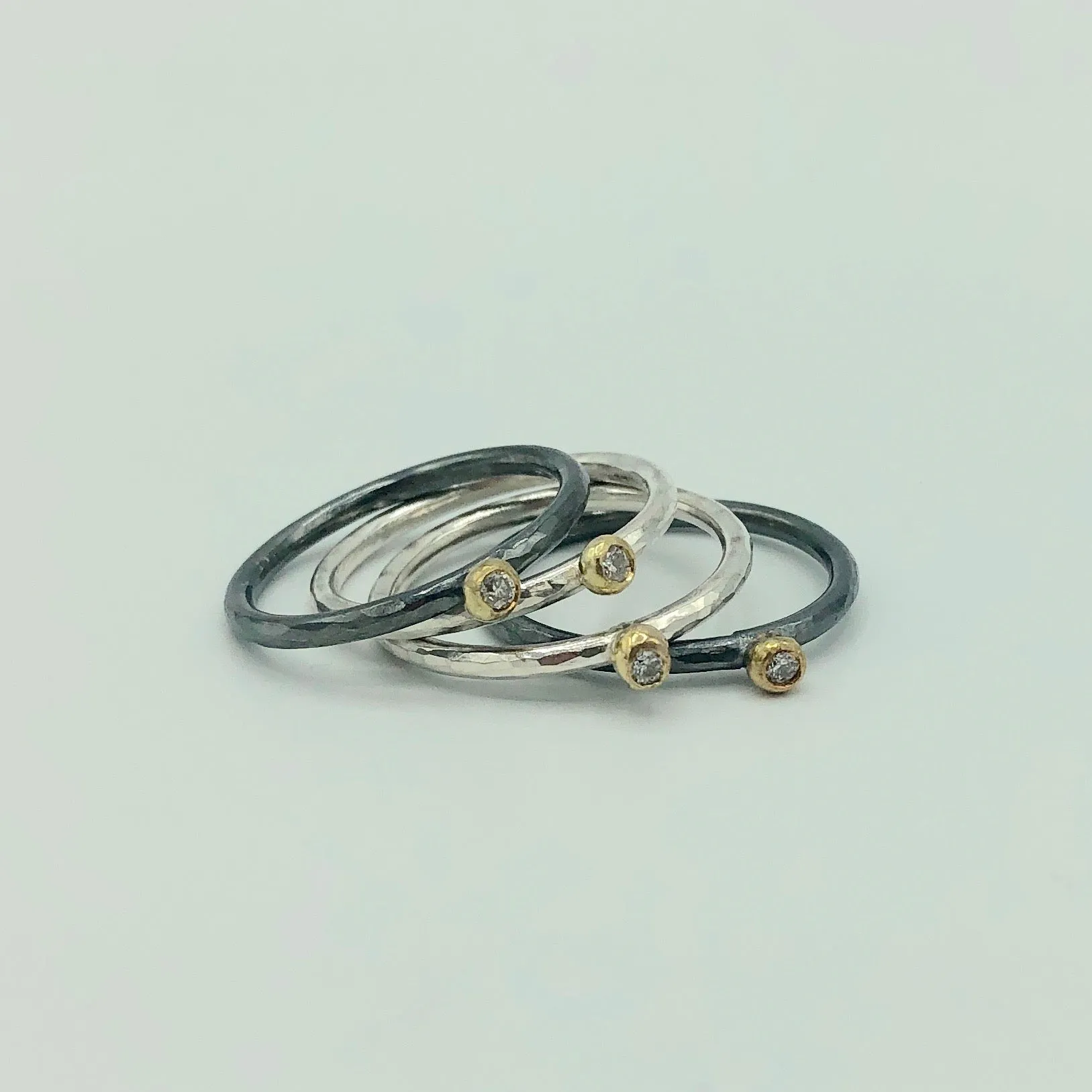 Hammer-textured Sterling Silver Round Band with 18k Gold Ball and Conflict-free Diamond