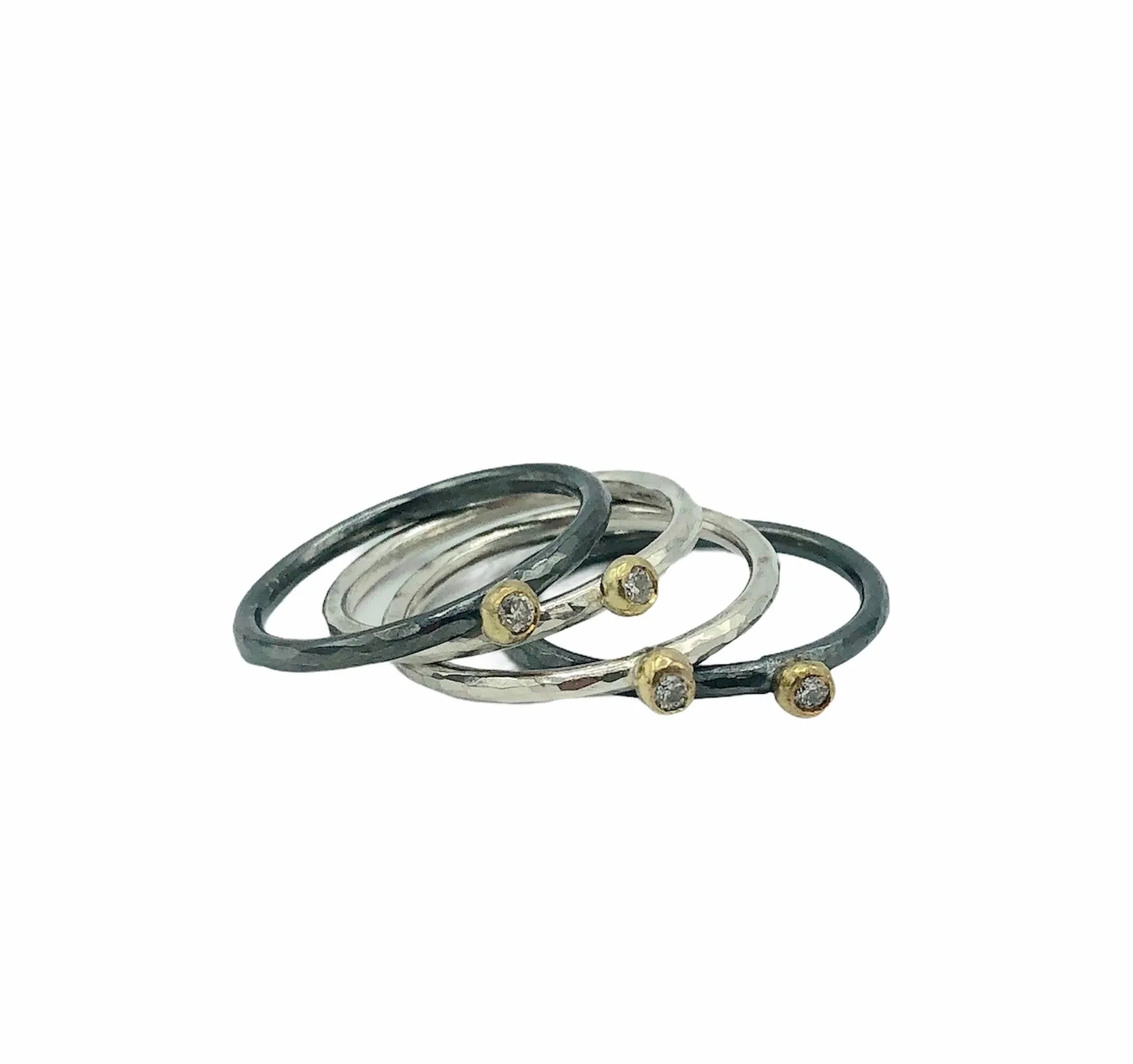 Hammer-textured Sterling Silver Round Band with 18k Gold Ball and Conflict-free Diamond