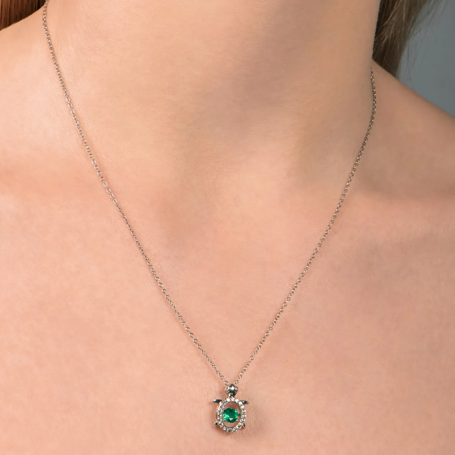 Jewelili Sterling Silver with Dancing Green Quartz and Created White Sapphire Whimsical Turtle Necklace Pendant