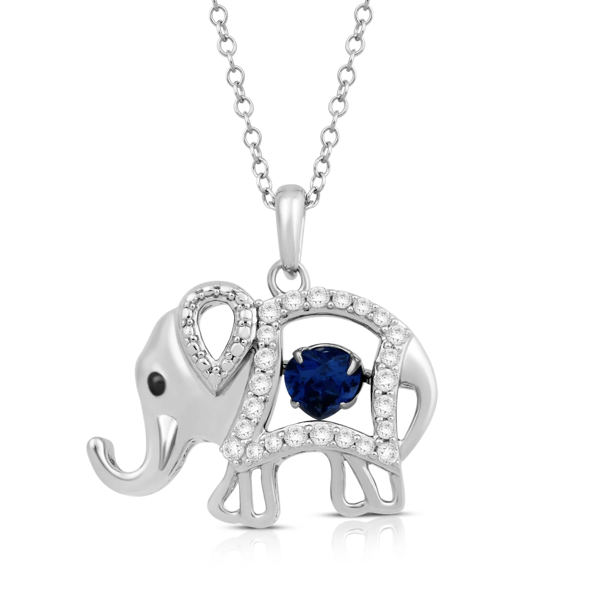 Jewelili Sterling Silver with Heart Shape Blue Spinal and Round Created White Sapphire Elephant Pendant Necklace