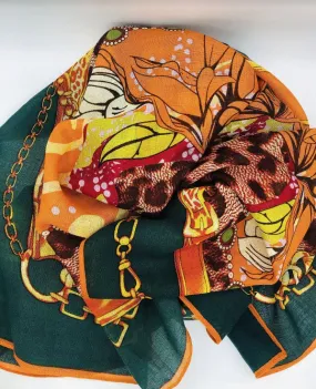 Large Thin Wool Shawl in Orange & Green | Ideal Winter Gift