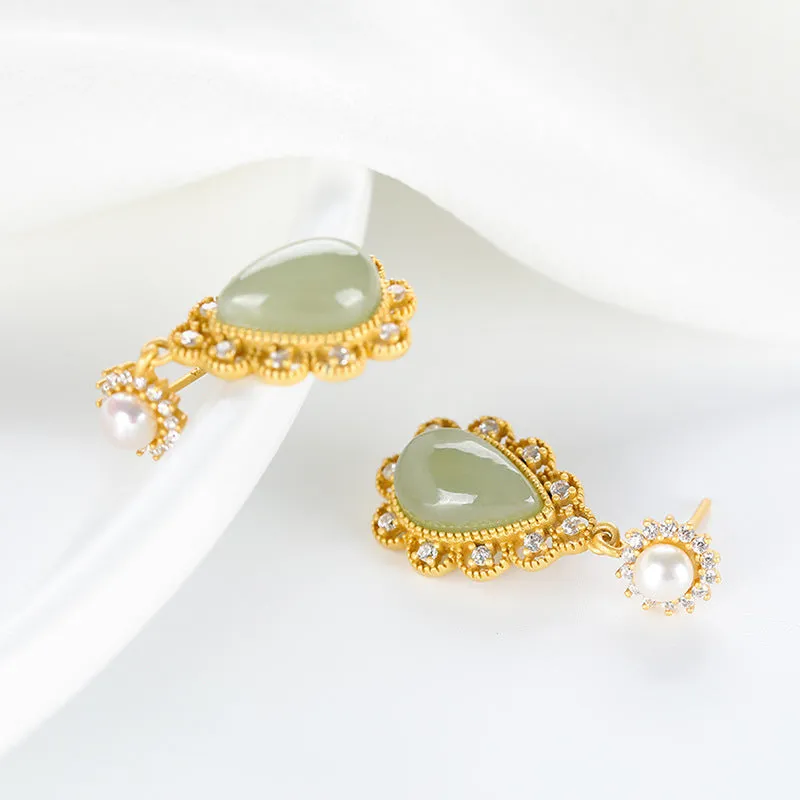 Natural Jade Earrings Nephrite Pearl Silver Earrings ZNE350