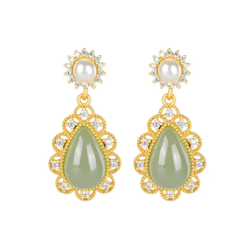 Natural Jade Earrings Nephrite Pearl Silver Earrings ZNE350