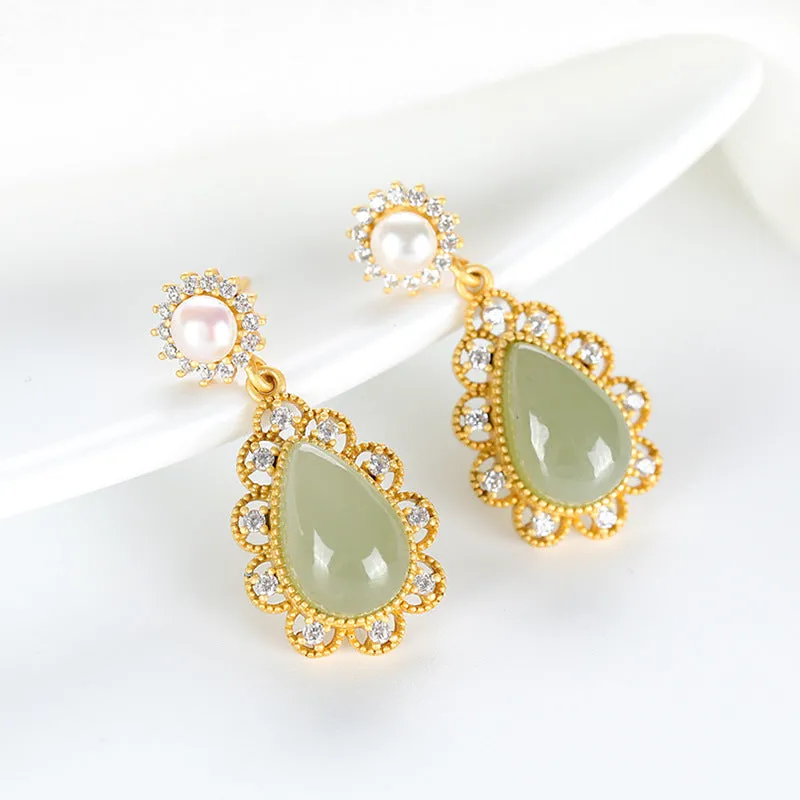 Natural Jade Earrings Nephrite Pearl Silver Earrings ZNE350