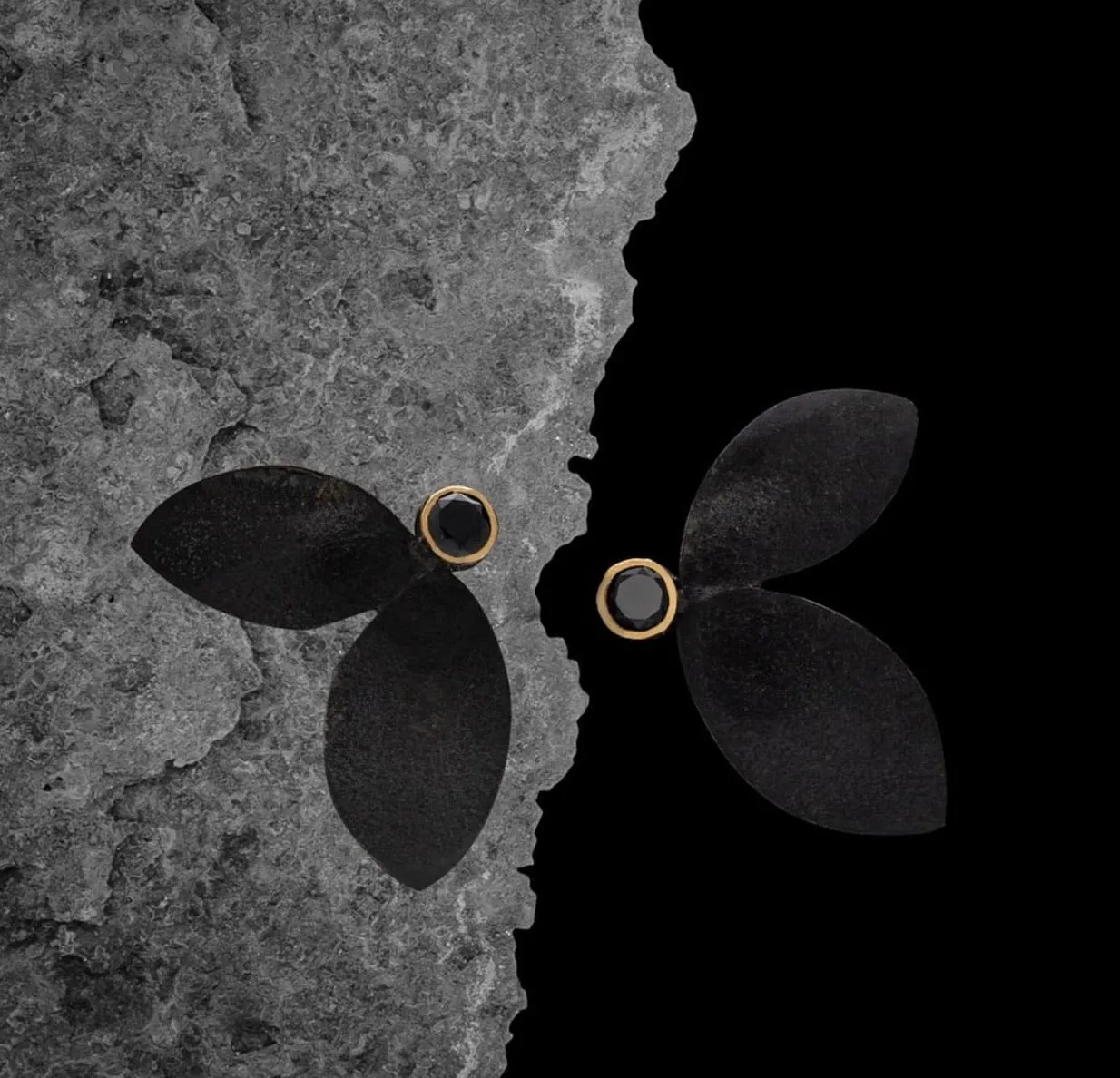 Oxidized Double Leaf Studs with Black Diamonds