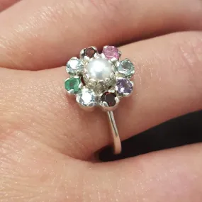 Pearl Flower Ring - Multistone Cocktail Ring - Colorful Vintage Ring
