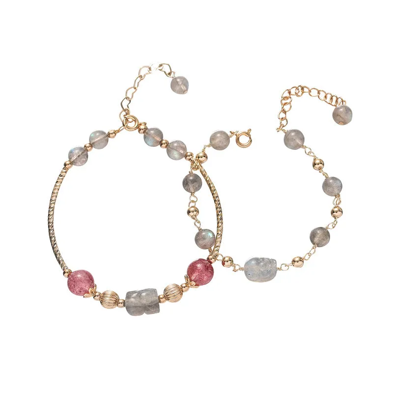 Strawberry Crystal Moonstone Pixiu Fortune Transfer Bracelet - Sterling Silver Niche Design