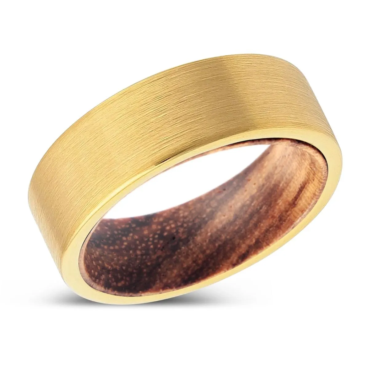URBENWOOD | Zebra Wood, Gold Tungsten Ring, Brushed, Flat
