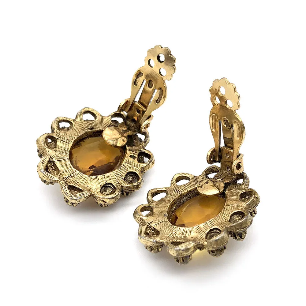 【USA輸入】ヴィンテージ アンバー フラワー ラインストーン イヤリング/Vintage Amber Flower Rhinestones Clip On Earrings