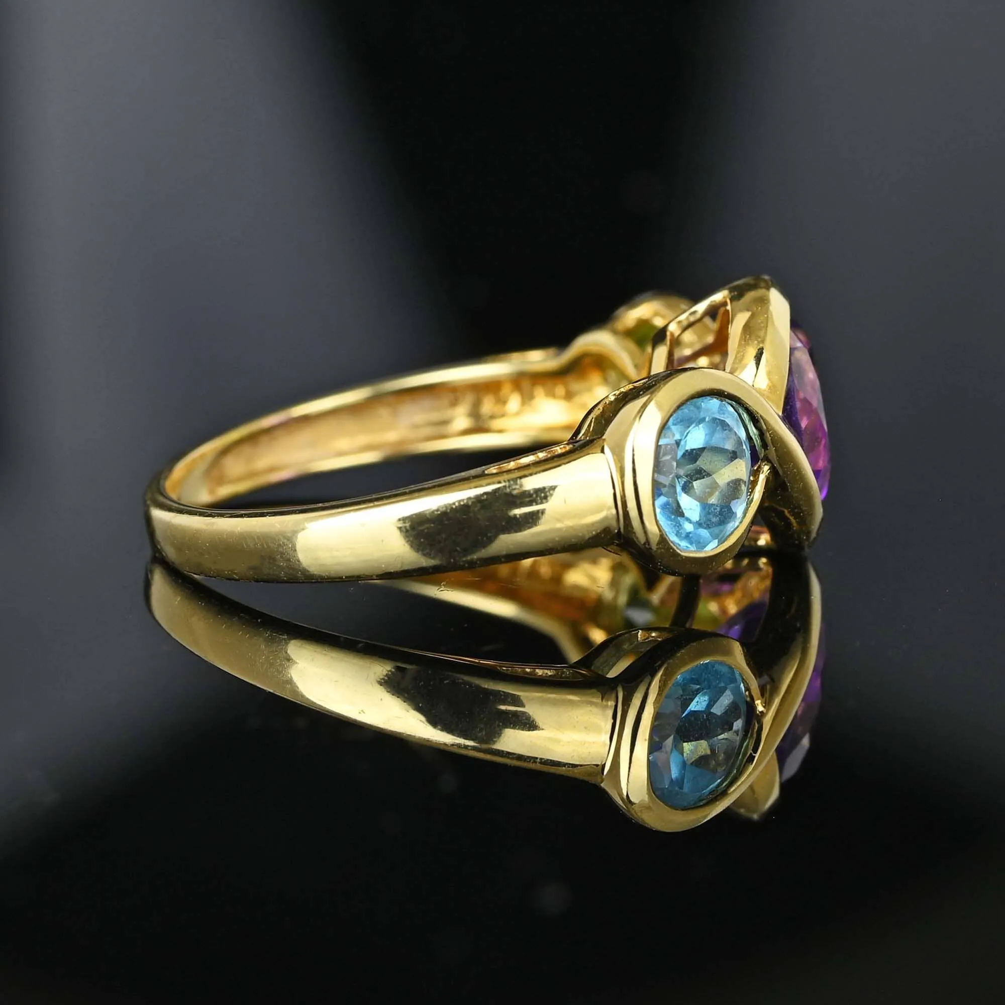 Vintage Peridot Blue Topaz Amethyst Crossover 14K Gold Ring