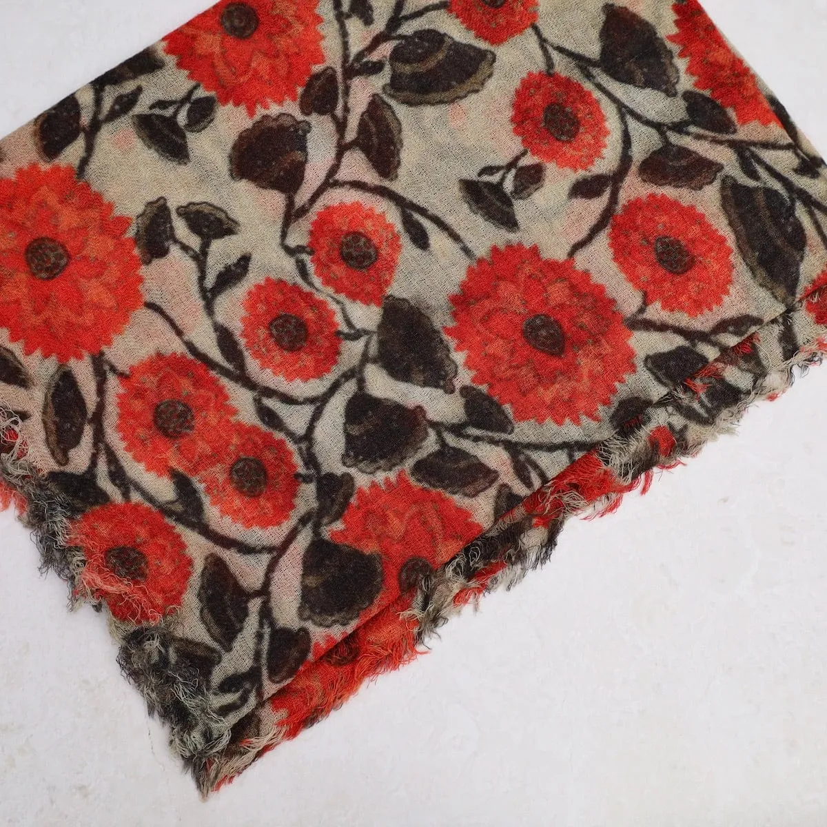 Wool/Modal Scarf - Red Flowers on Beige